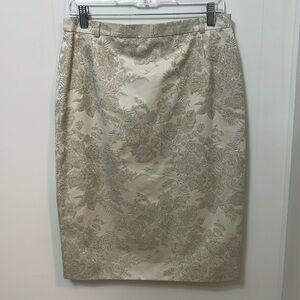 Vintage Escada Margaretha Ley Ivory Floral Jacquard Gold Midi Pencil Skirt 42 12